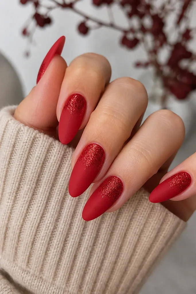 Almond nails with a matte red finish and a half-glitter tip on each nail. The glitter starts halfway down the tip and fades into matte red, creating a two-texture effect.