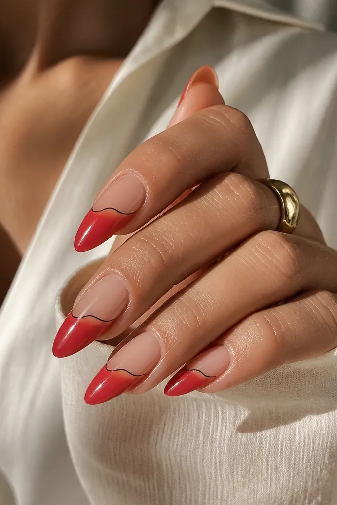 Almond nails with a nude-to-red ombré fade. A thin black outline follows the curve of the red fade edge, like a clean border line.