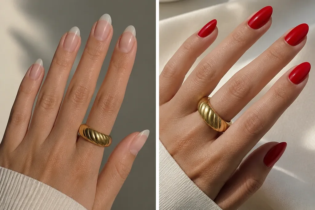 Red almond nails before and after inspiration