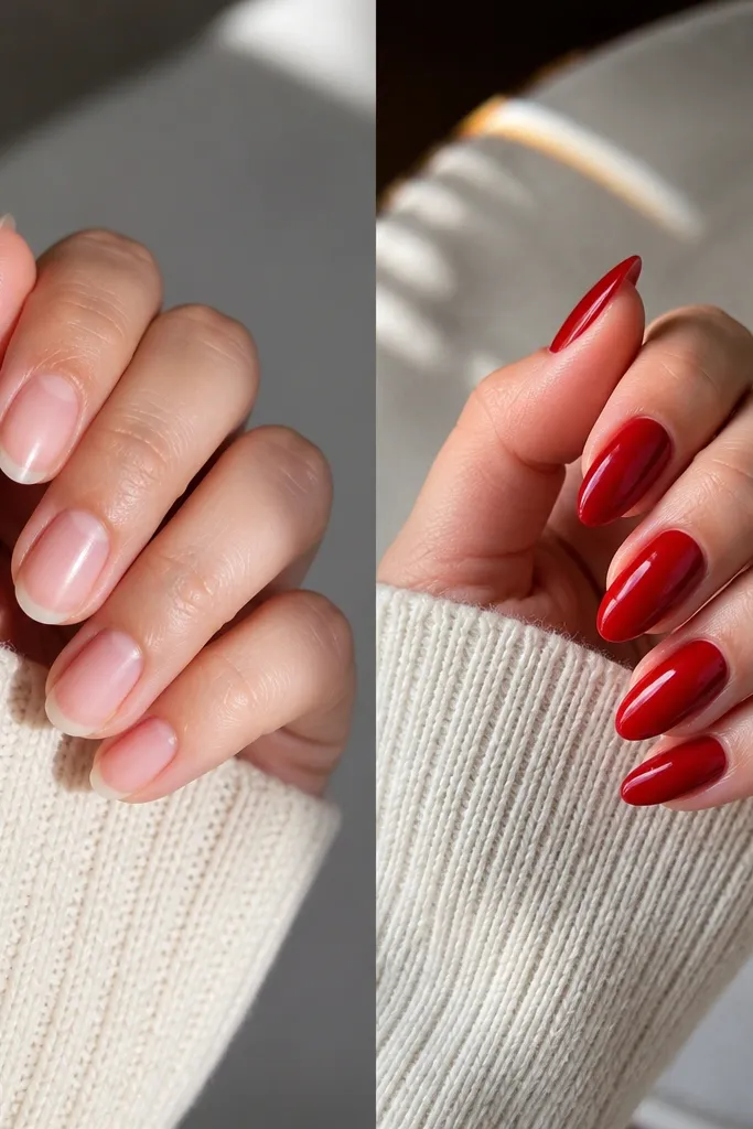 Red almond nails before and after inspiration