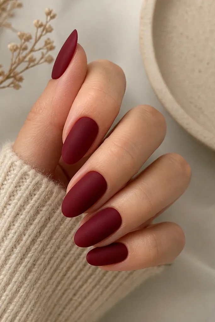 Almond nails painted a deep wine color with a smooth matte finish. The nails look velvety, with no glitter and no shine except subtle matte texture.