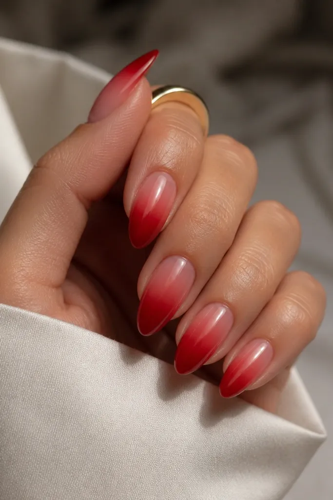 Almond nails with a sheer red jelly base that fades into a deeper red at the tip. The gradient is smooth, with the base looking translucent and the tips looking richer.