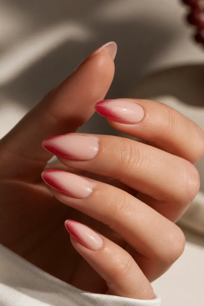 Almond nails with a nude base. A red ombré swoop starts near the side of the nail at mid-height and sweeps diagonally toward the tip, fading as it reaches the edge.