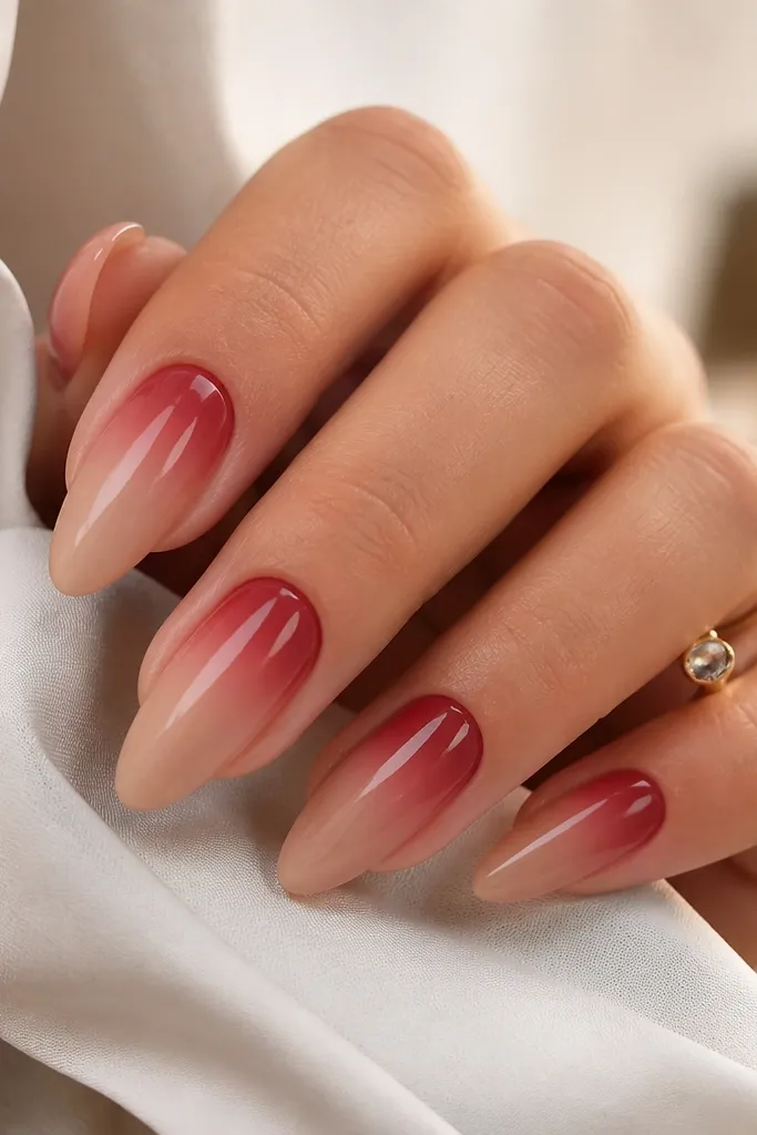 Almond nails with a nude base that glows into red near the cuticle area. The red fades outward and downward, leaving the rest of the nail lighter and sheer.