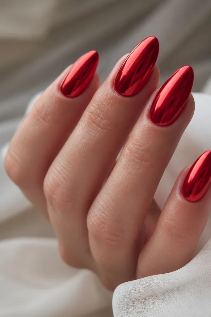 Almond nails with a red chrome mirror finish. The nails reflect like a mirror, with sharp highlights along the curved taper.