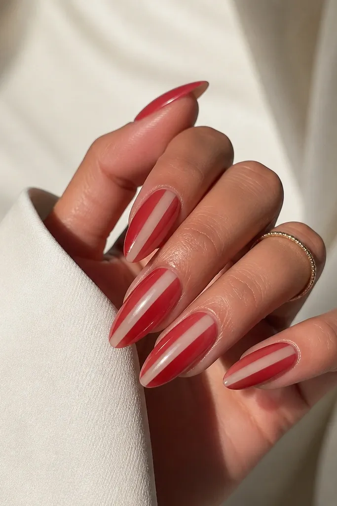 Almond nails with a clear or sheer center panel and red gradient on the sides. The nails show a clean negative-space strip running vertically down the middle.