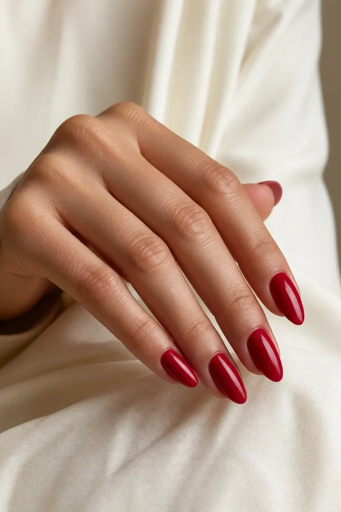 Red almond-shaped nails for a sleek finish