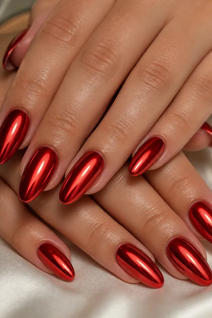 Ten almond nails in a full mirror red chrome finish, bright and reflective like polished metal. The shape is evenly tapered with a crisp apex, and the light reflection forms a clean vertical streak down each nail.