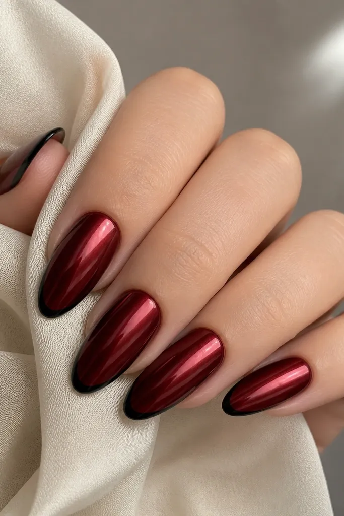 Almond nails in deep oxblood red chrome with a thin black French line at the tip. The chrome looks mirror-like, and the black edge is crisp and straight, creating a sharp frame.