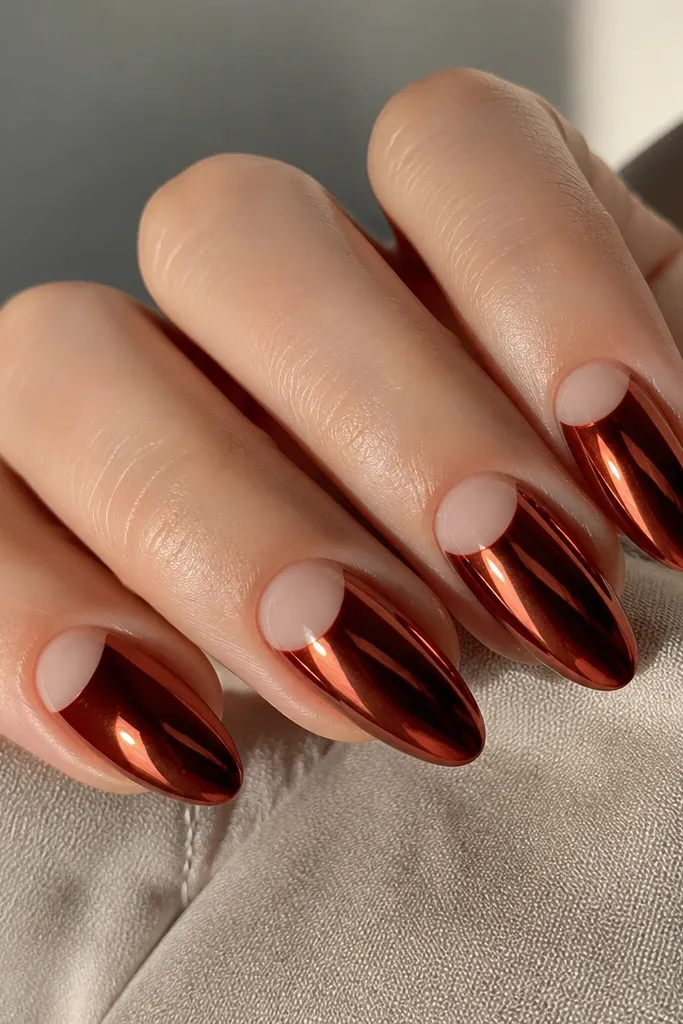 Almond nails with brick red chrome covering the center and tip, while a clean half-moon near the cuticle is left bare or sheer. The chrome reflection is strong, and the negative space looks like a smooth arc.