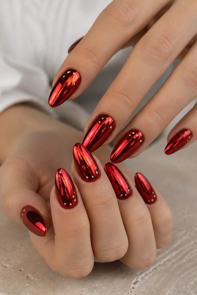 Cherry red mirror chrome almond nails with a few tiny white dots clustered near the side of the nail or around the midline. The red is reflective, and the dots are crisp and opaque.