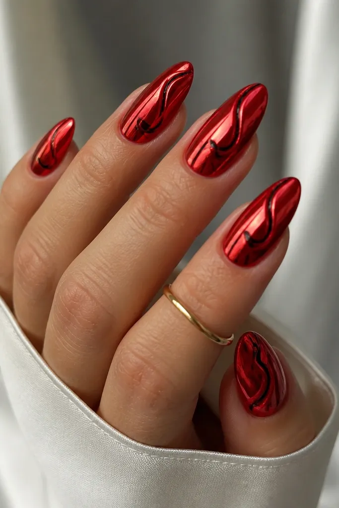 Almond nails with red chrome mirror finish and thin black swirl outlines. The black lines trace small curves in the center and near the sides, like delicate line art over chrome.