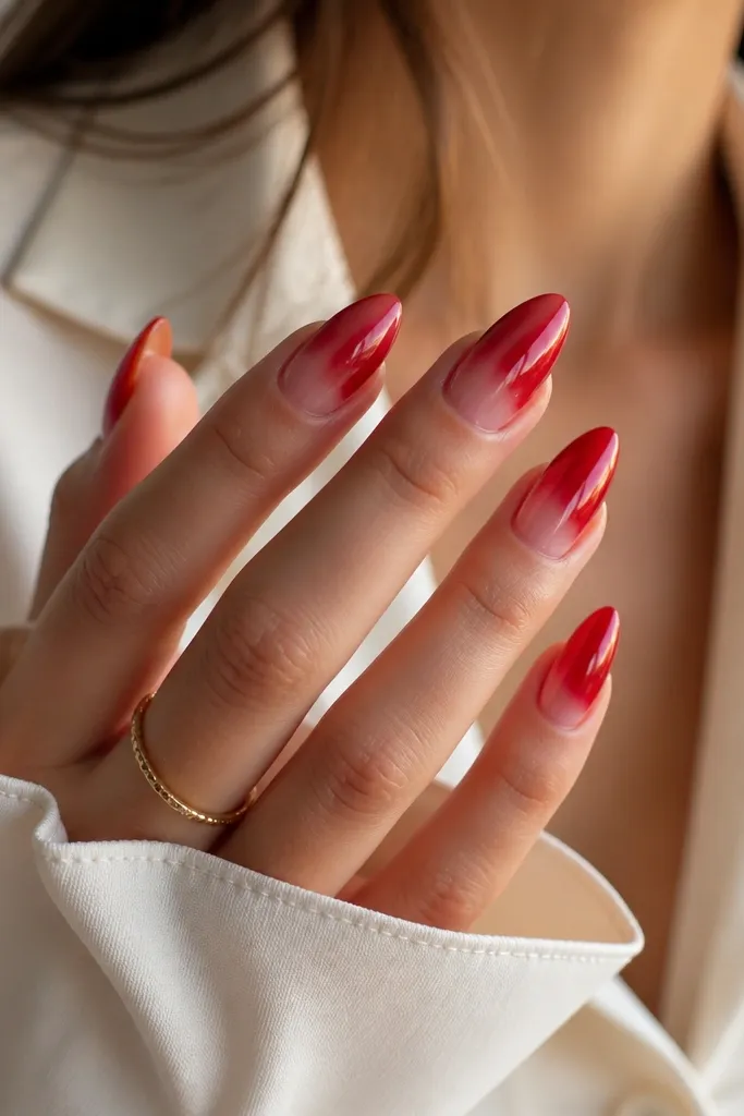 Almond nails with a gradient from deeper red at the tip to lighter rose-red near the cuticle. The chrome finish is present across the nails with a smooth fade, and reflections shift with the gradient.