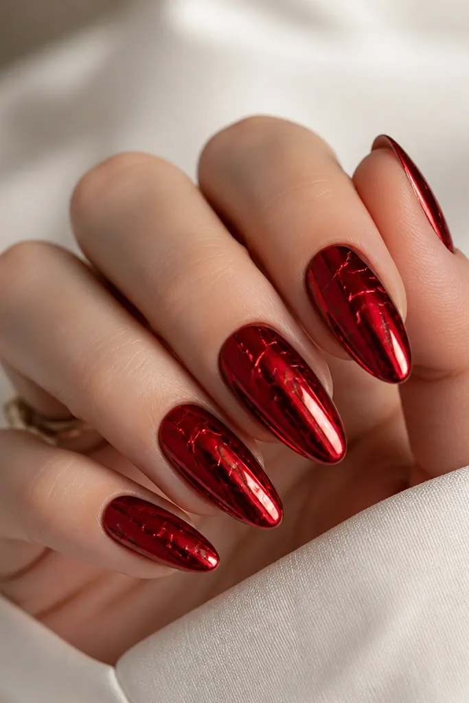 Almond nails with red mirror chrome and subtle red foil crackle lines. The crack pattern looks like thin, branching fractures that catch light across the surface.