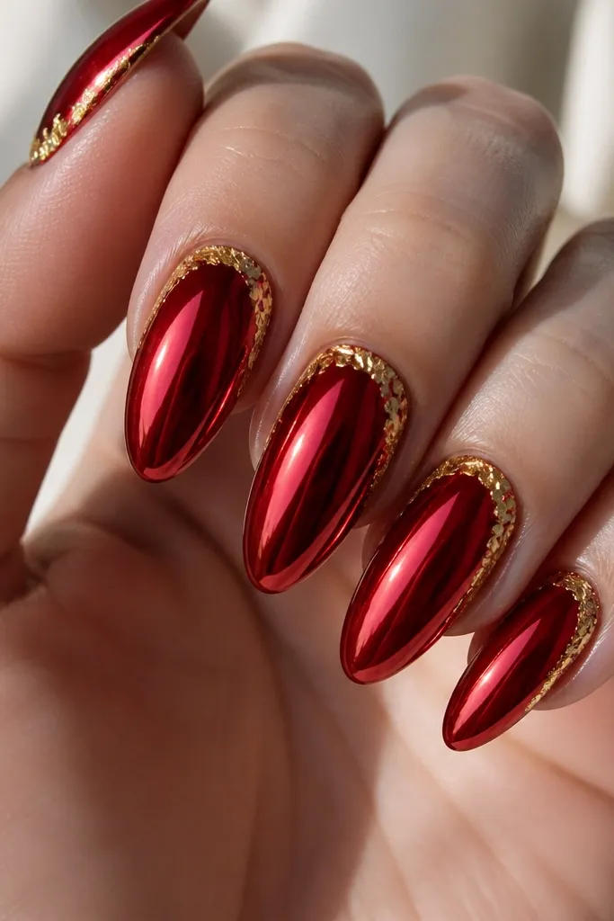 Almond nails in red chrome mirror finish with small pieces of gold leaf concentrated around the cuticle area, forming a thin frame. The gold catches light, and the red remains mirror-smooth.