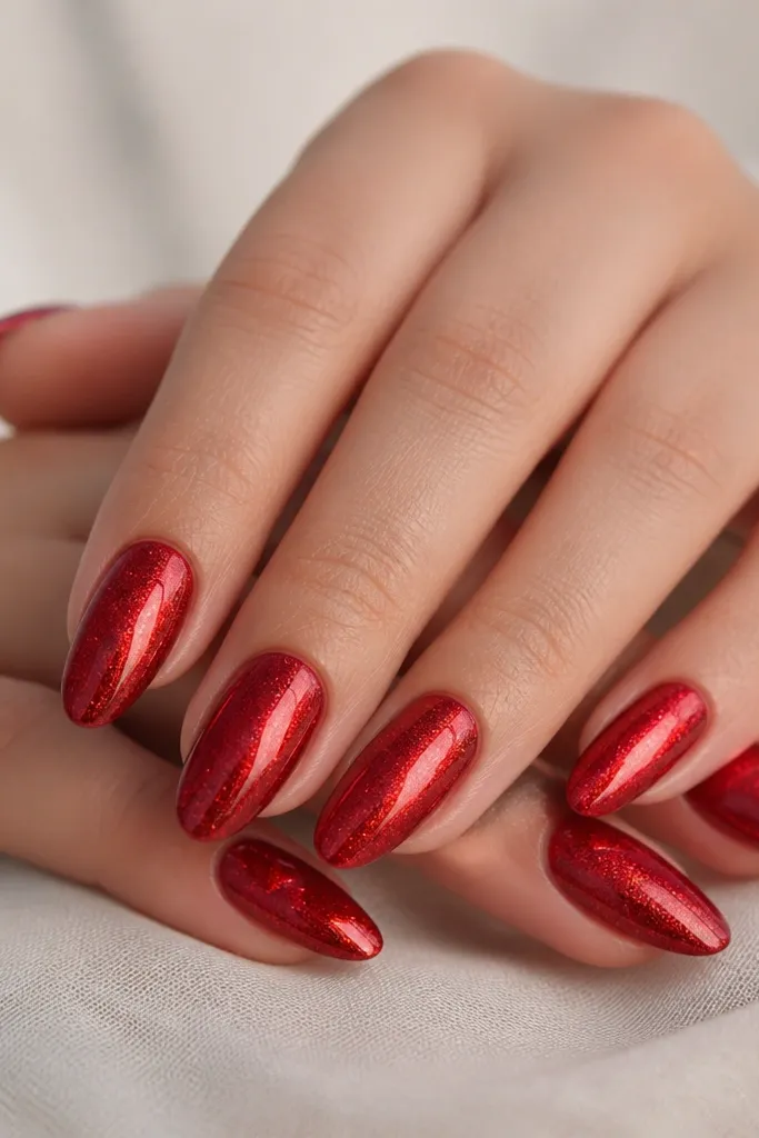 Almond nails with true red mirror chrome, then a second layer of fine red shimmer topcoat so the surface has a glassy sparkle. The reflections look slightly softer than a pure mirror.