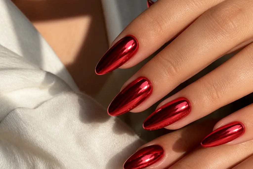 Red chrome almond nails with major shine