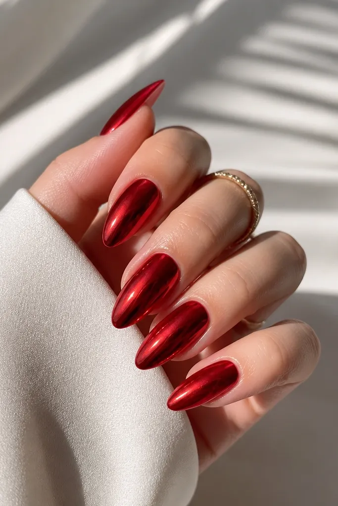Red chrome almond nails with major shine