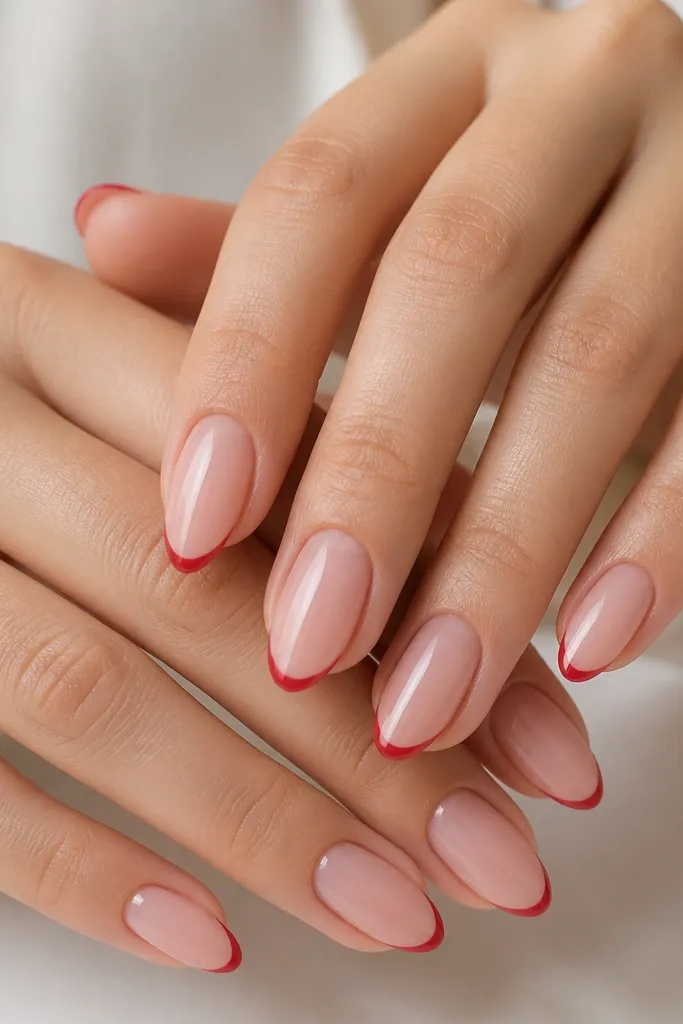 Ten almond nails with a nude pink base. The French tips are tiny and even, about 2 mm wide, painted cherry red with a razor-thin curved smile line. Glossy top coat makes the red look glassy.