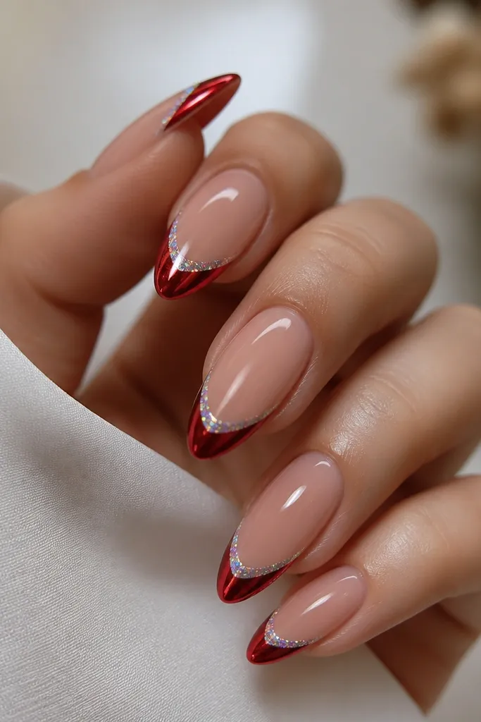 Almond nails with a nude base. The French tips are red chrome, mirror-smooth, and along the outer edge there's a fine holographic dust halo that catches rainbow light. Glossy top coat reflects sharply.