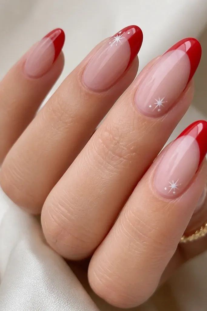 Almond nails with a sheer pink base. The French tips are candy apple red glossy. Tiny white micro stars sit near the smile line on two or three nails, spaced like a constellation.