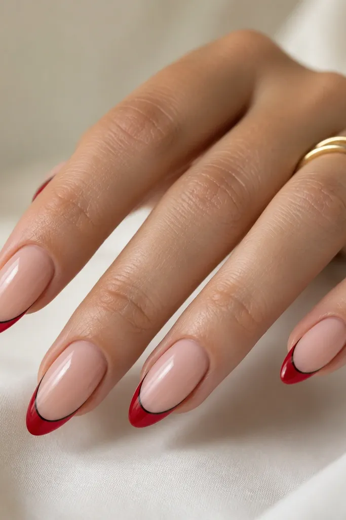 Almond nails with nude base. The French tips are glossy red, and there's a thin black line tracing the smile curve. The black outline is only on the smile edge, not filled across the entire tip.