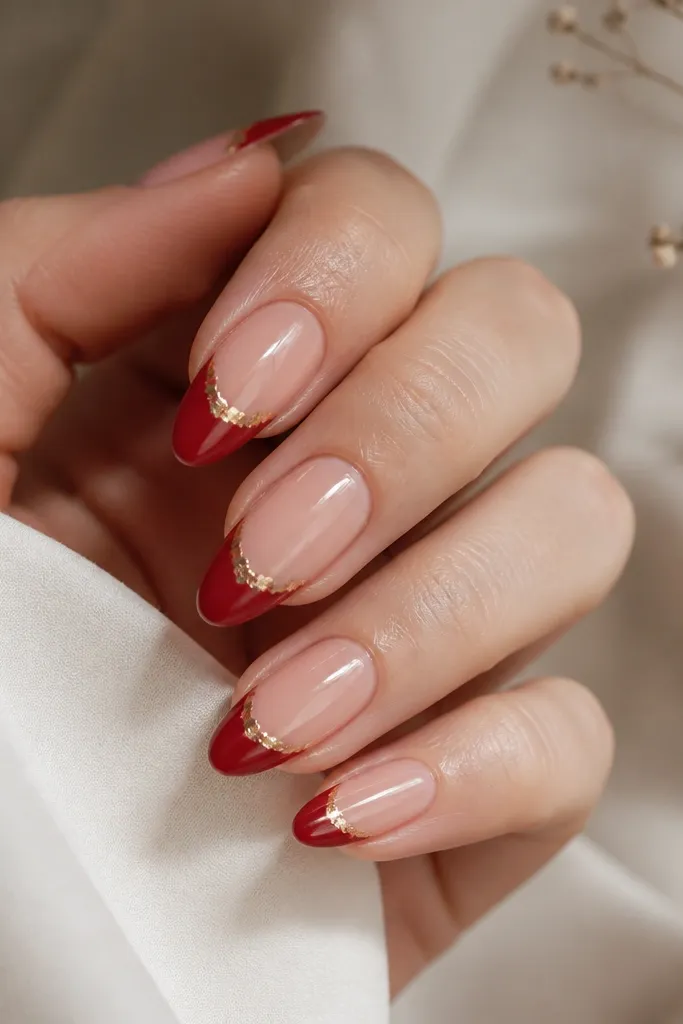 Almond nails with nude pink base. Glossy red French tips have a few tiny irregular gold foil flecks near the smile line on each nail, not covering the whole tip. The gold looks like thin shards.
