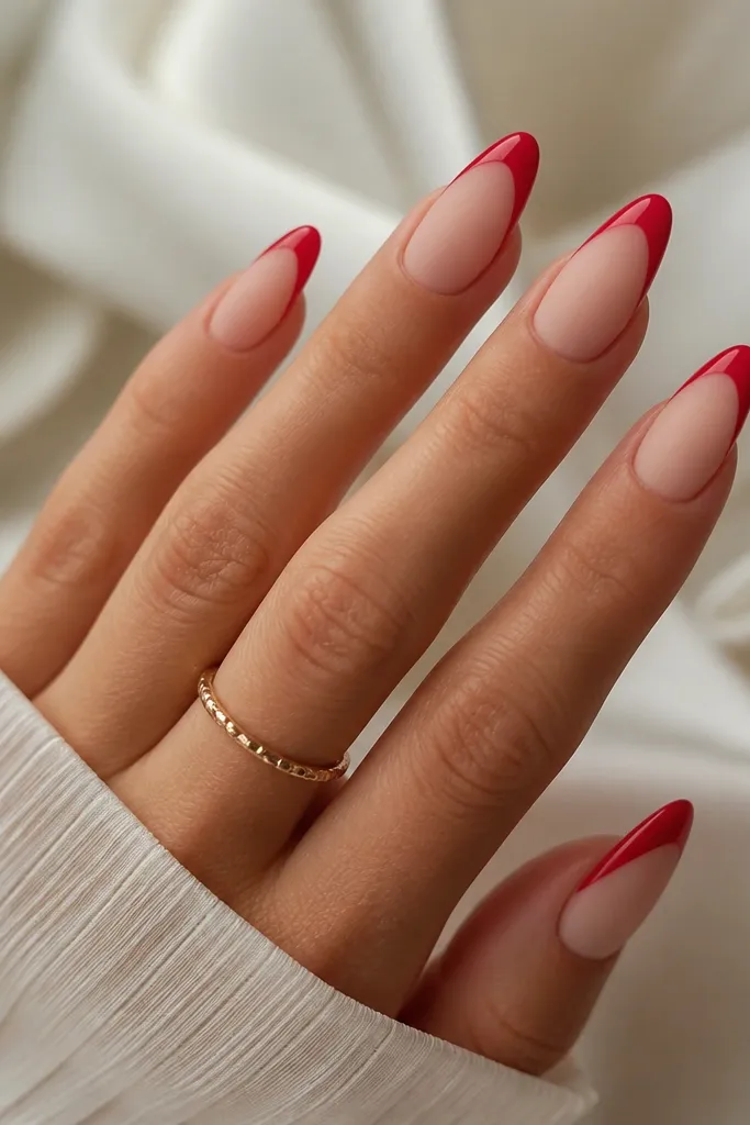 Almond nails where the nude base is matte and velvety. The red French tips are glossy, with a crisp thin smile line and a clean almond outline. The contrast is obvious between base and tip.