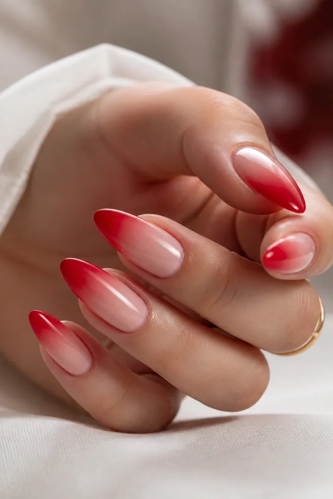 Almond nails with a nude base. Instead of a hard French line, the red starts thicker at the tip edge and fades into the nude toward the smile curve. The finish is glossy and smooth, no harsh border.
