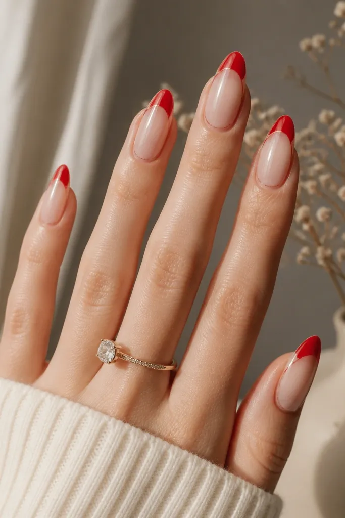 Almond nails with a sheer nude center strip. The French red covers the tip, but the side edges are clear and show the natural nail on both sides. The smile line is crisp and the sides are transparent.