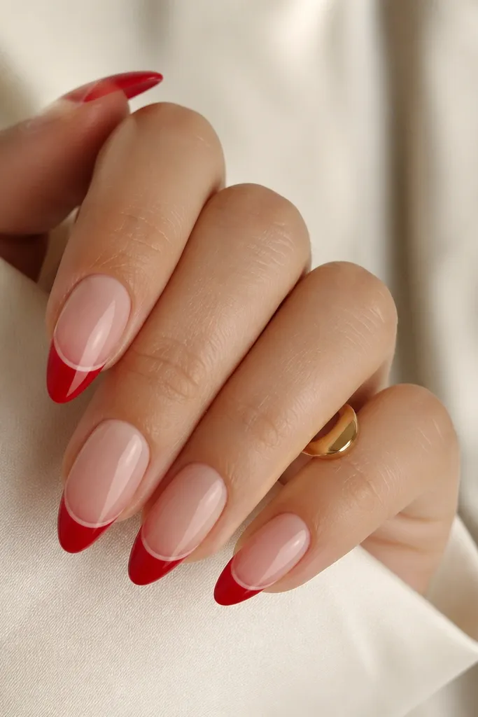 Almond nails with nude base. Red French tips sit higher on the nail, leaving a slim nude gap just under the smile line. The red is glossy and the gap is a clean line.