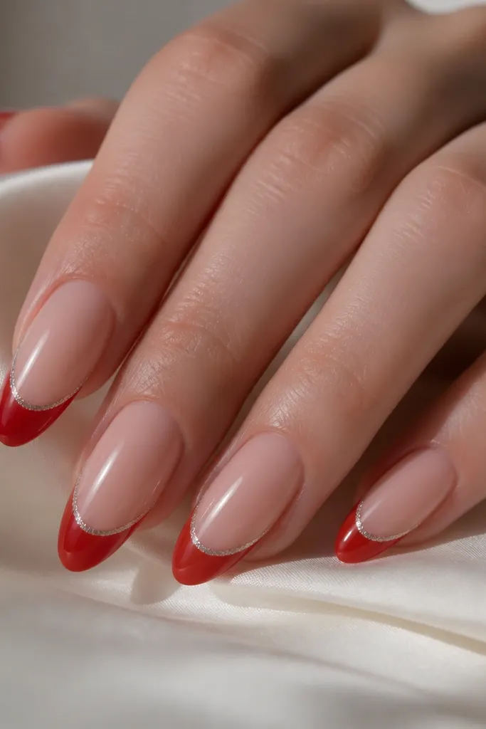 Almond nails with nude pink base. Glossy red French tips have a thin silver micro glitter border right at the smile line, like a sparkle halo. The glitter is only a line, not a full glitter tip.