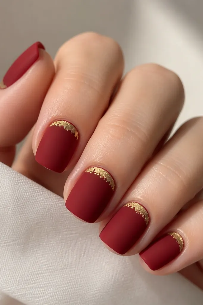 Short square-red matte nails with a soft velvet finish. Thin irregular gold foil strips sit along the cuticle line on each nail, mostly in the center, leaving the rest matte and smooth.