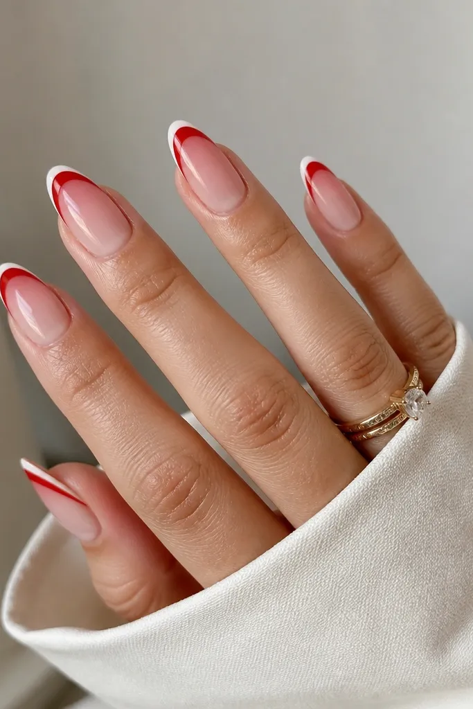 Medium almond extensions with a classic French layout. The base is nude-pink, the French line is a crisp red arc, and there's an extra tiny cream line at the very tip. The top coat is glossy.