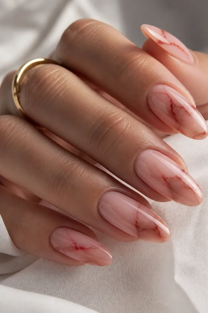 Long soft-oval nails with a nude base. Thin red marble veins run diagonally through the nude, with occasional darker red streaks and a glossy finish that looks like glass.
