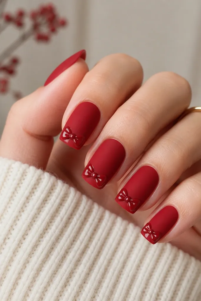 Medium square extensions. The base is deep matte red, and at the tips there are small bow-like shapes made from shiny red gel, with two tiny loops and a center knot, plus faint highlights on the bows.