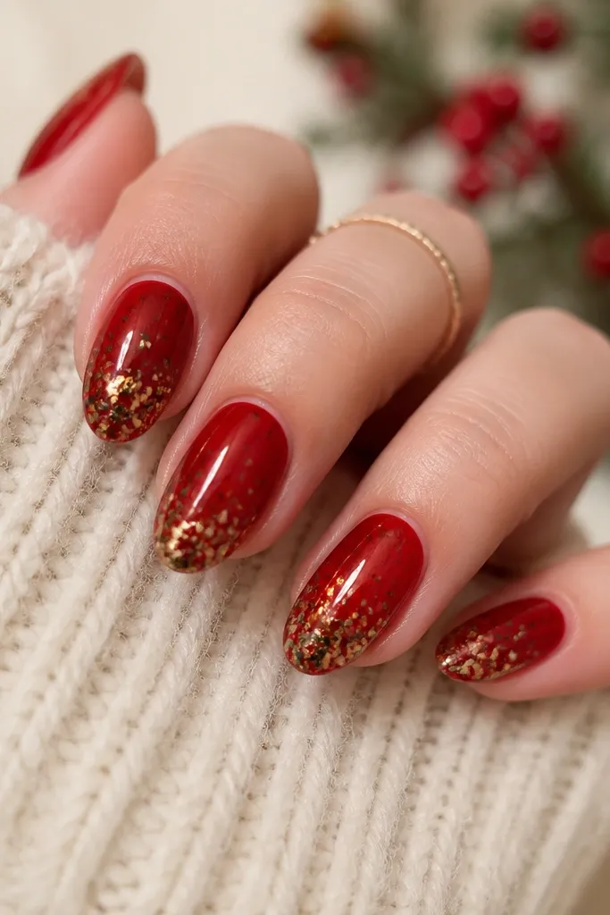 Short-to-medium almond nails with a glossy translucent red base. Tiny specks of deep green and flecks of gold foil are scattered like holiday confetti across the nail, denser near the tips.