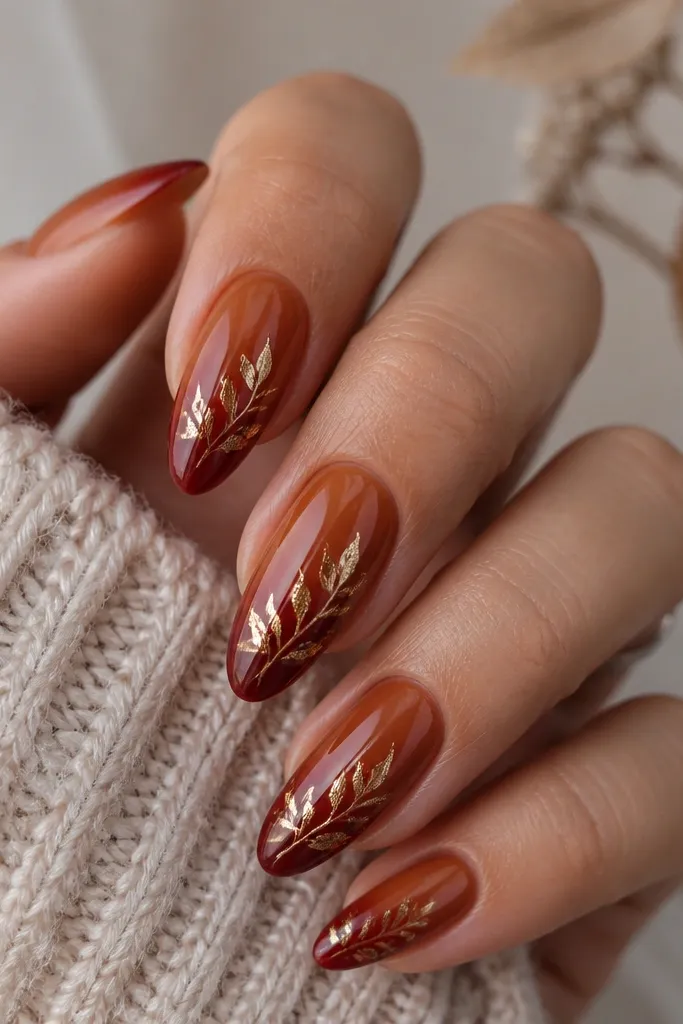 Medium almond nails with a warm cinnamon-to-deep-red gradient. Thin gold leaf flicks run upward from the lower half toward the tips, with glossy shine and a few leaf edges catching light.