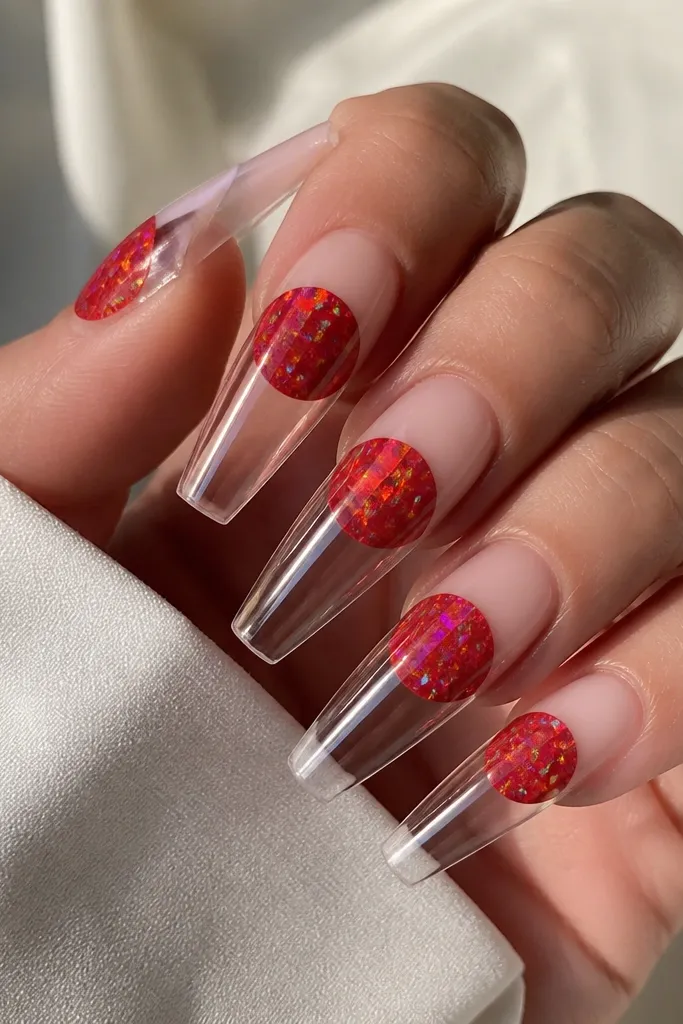 Long coffin extensions with a clear-to-nude base. Red holo foil is shaped into small half-shell arcs across the middle of each nail, with glossy top coat and rainbow flashes in the foil.