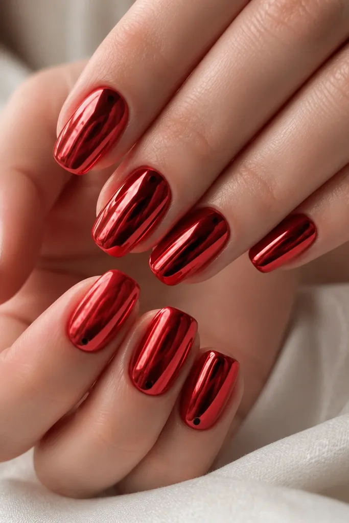 Medium squoval nails in mirror-like red chrome. A few tiny black micro dots sit near the cuticle on two nails, spaced like a subtle pattern. Everything is super reflective.