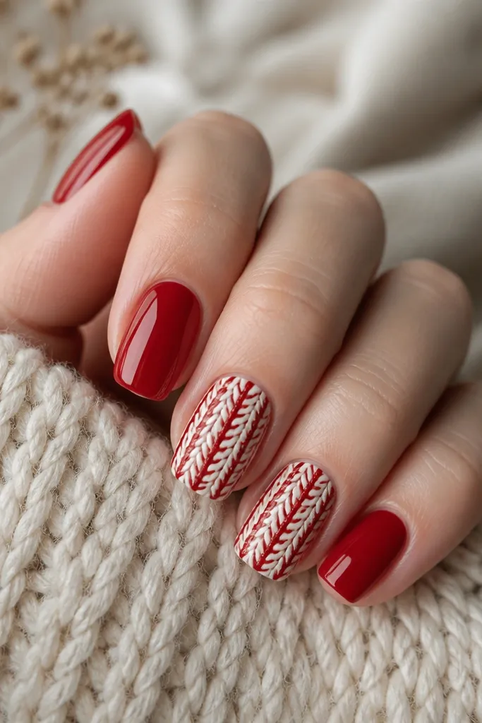 Short-to-medium nails mostly in glossy red. Two accent nails have red sweater knit texture lines over a cream base, with tiny raised loops. The knit has a crisp, repeating pattern and glossy highlights on the rest.