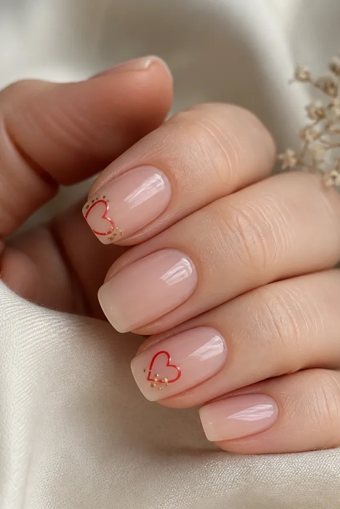 Medium squoval nails with a sheer nude base. Two nails have a small red heart outline made from negative space and red gel, with tiny gold dots clustered near the heart. The finish is glossy.