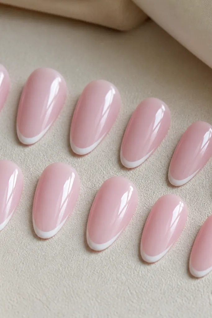 Close-up of removable almond press-on nails in a soft baby pink. Each nail has an ultra-thin white French tip line with a smooth smile curve, glossy topcoat, and a natural-looking almond shape.