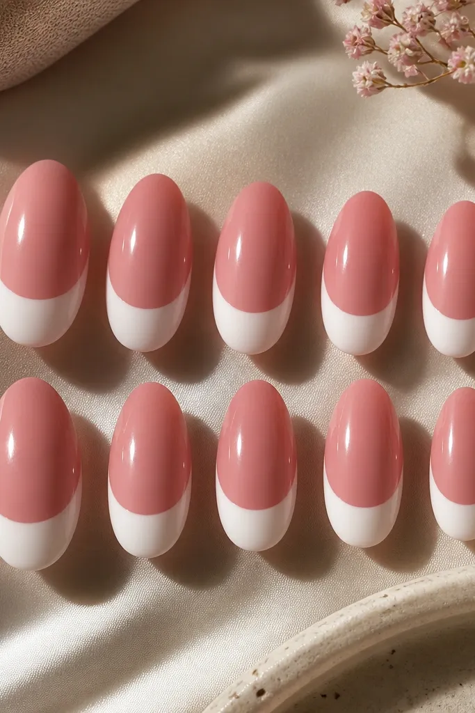 Rosy pink almond press-ons with a thicker white French band across the tips. The band is centered and slightly rounded, glossy finish, and the base pink has a warm rosy tone.