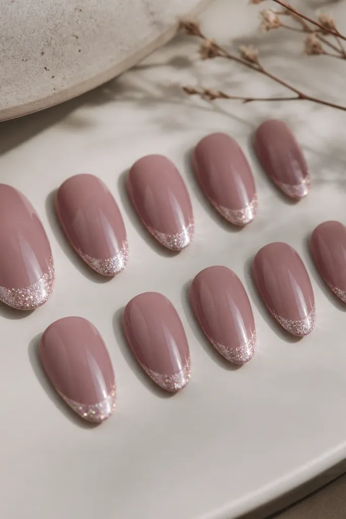 Mauve-pink almond press-on nails with a soft mauve base and a French tip that includes fine micro-glitter concentrated along the white line. Glossy topcoat, glitter sparkles only at the tips.