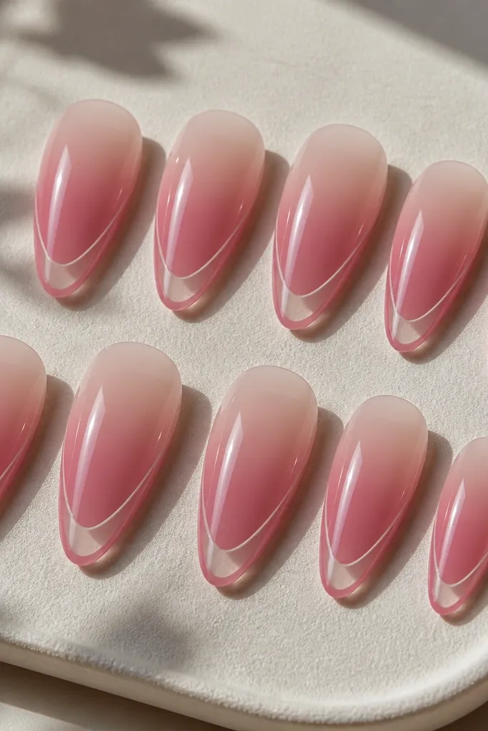 Almond press-ons with a soft pink ombre that fades from nude near the cuticle to deeper rosy pink toward the tip. The French edge is created by negative space with a crisp outline, glossy finish.