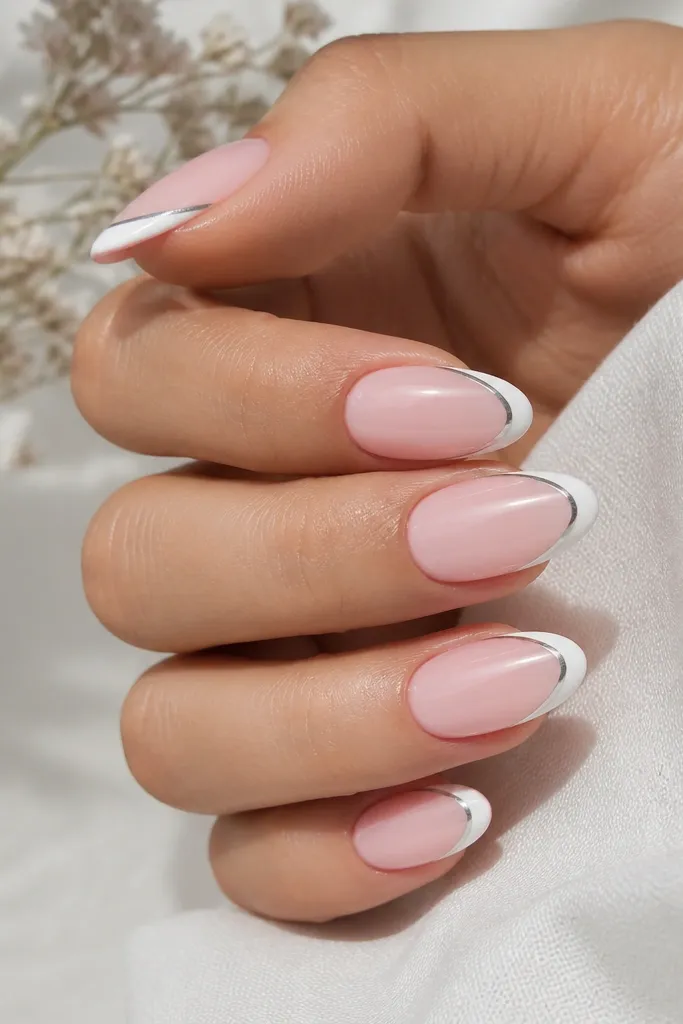 Powder pink almond nails with a white French tip line and a second thin silver line right below it. Clean double-line look, high gloss, silver is metallic and reflective.