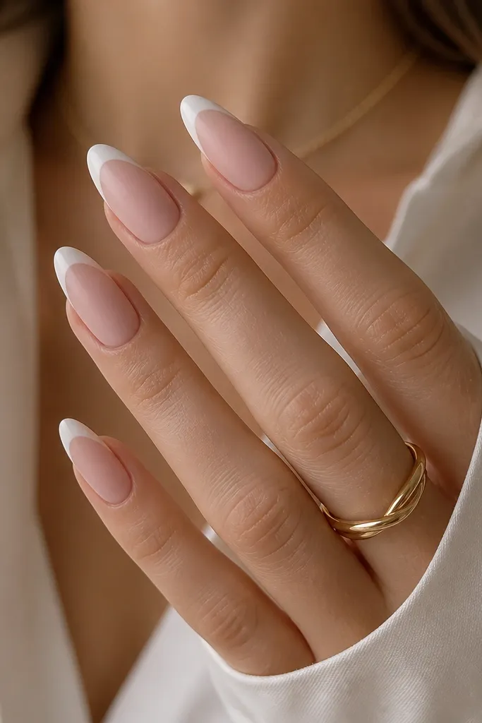 Creamy pink almond nails where the base looks matte and the French tip is glossy white. The contrast is clear: soft matte pink near the cuticle and shiny white at the tips.