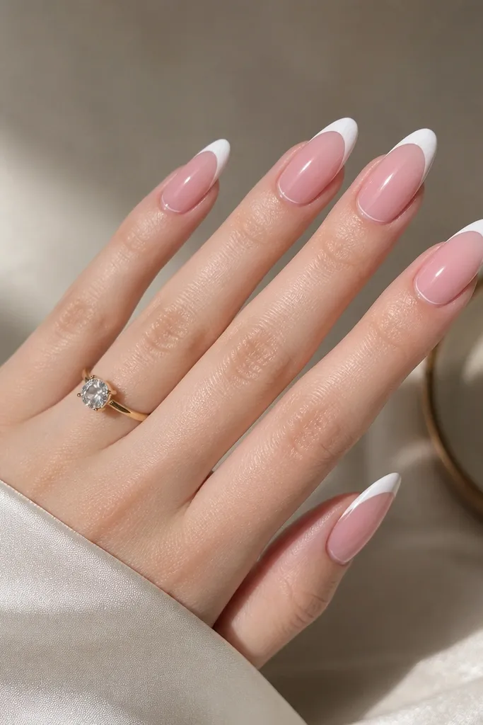 Pink almond press-ons with a clear or sheer cuticle border and a soft pink main area. The French tip is white and the cuticle area has a transparent ring for a clean outline, glossy finish.