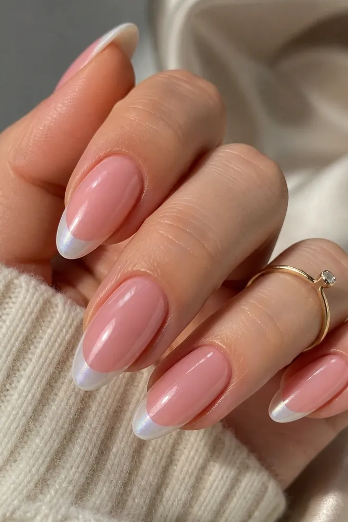 Rosy pink almond press-on nails with pearlized, off-white French tips. Tips look pearly and slightly iridescent, base is glossy rosy pink.